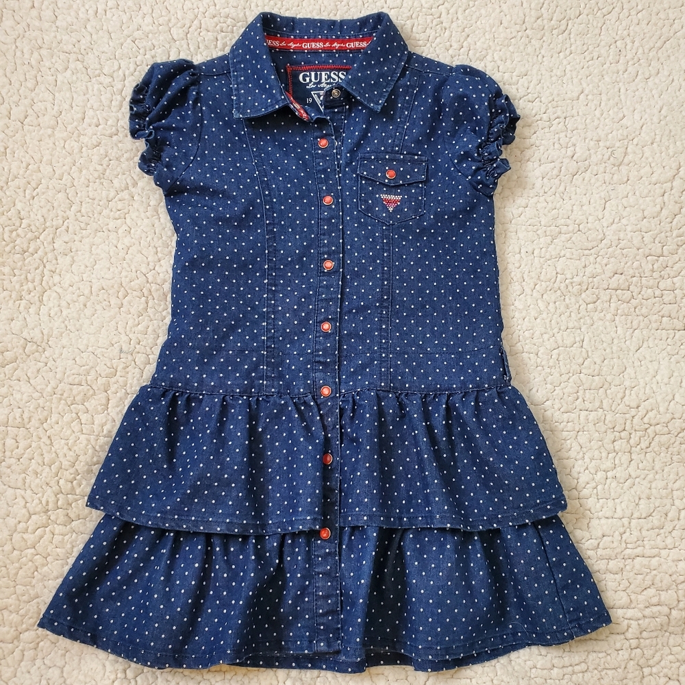 Guess Polka Dot Ruffle Short Sleeve Denim Dress Size 6